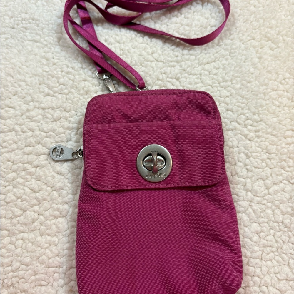 Baggallini Fuchsia Bag with Silver Clasp | RFID Mini Bag | Adjust/Remove strap